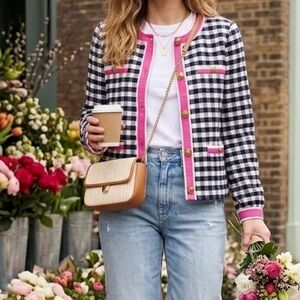 J.Crew Gingham Tweed Lady Jacket Navy Ivory Pink Gold Button Size 14
